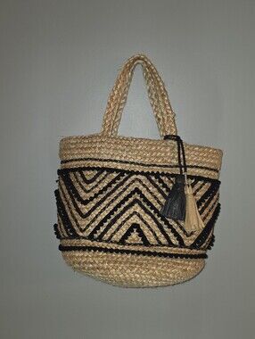 Chicos Pom Pom Jute Tote